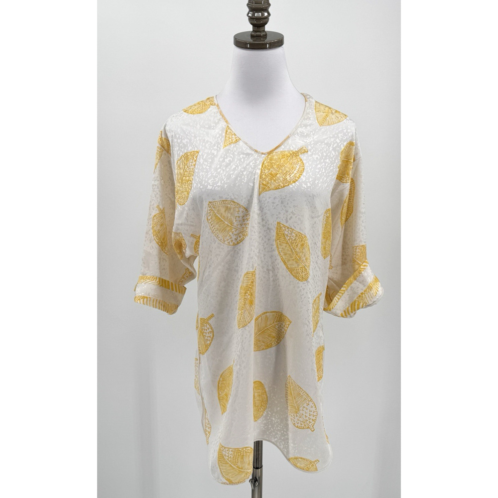 Vintage Mary McFadden I. Magnin Vintage White Yellow Leaves Satin Tunic Top Sz P